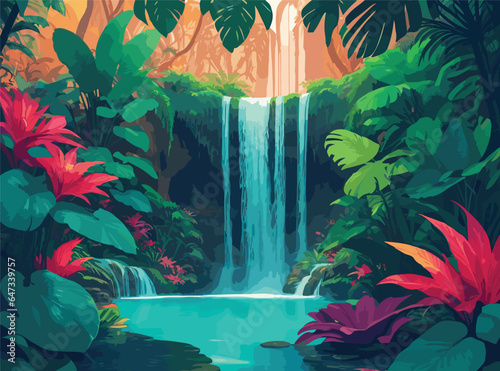 Design an intricate vector illustration of a hidden oasis nestled within a tropical jungle, where a majestic waterfall cascades into a crystalline pool, reflecting the vibrant colors of lush