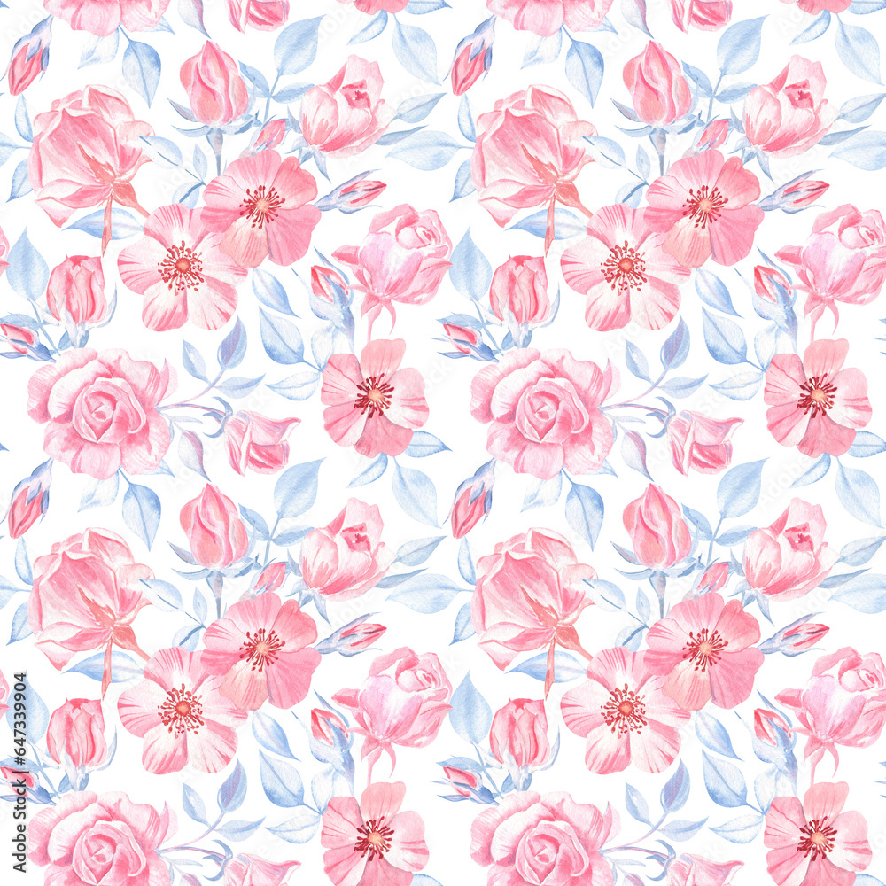 Watercolor roses seamless pattern. Perfect for the farmhouse style - for fabric, home textile, wrapping paper, mugs, notepads, napkins