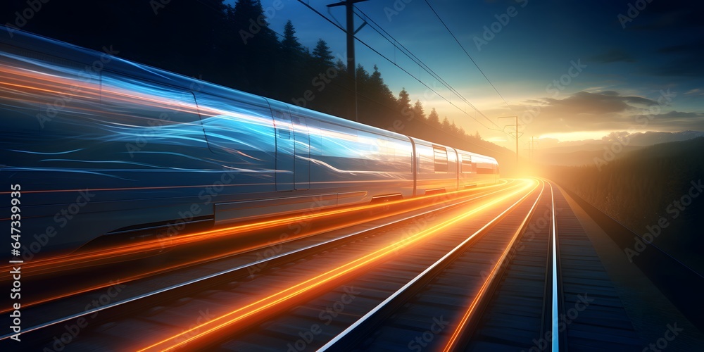 train passing by with long exposure trails of light and dynamic movement, creating a sense of speed and motion - obrazy, fototapety, plakaty 
