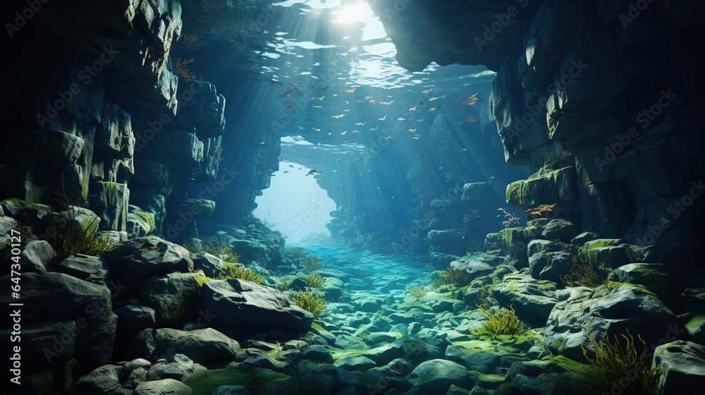 an underwater cave with rocks and plants on the bottom of it.  generative ai