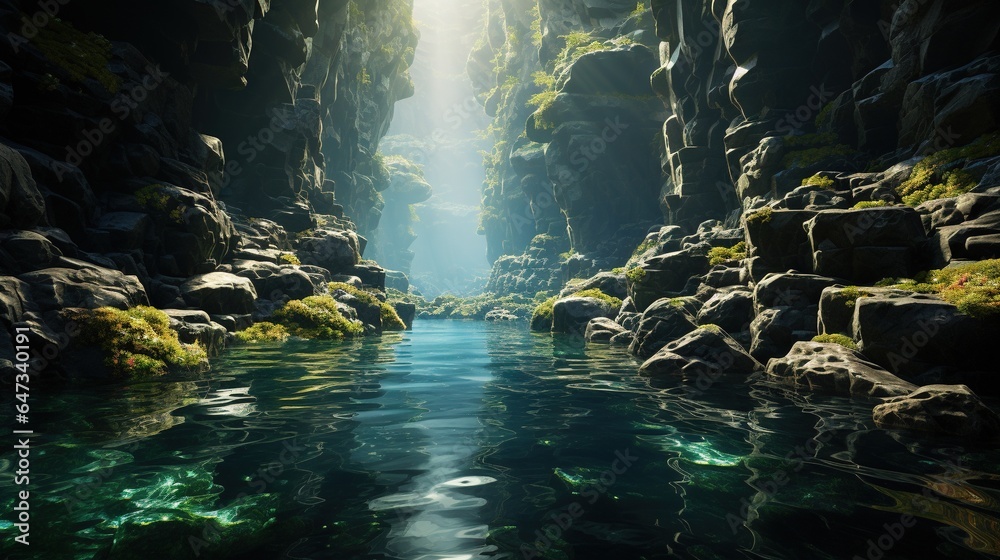  a river flowing through a lush green forest filled with rocks.  generative ai