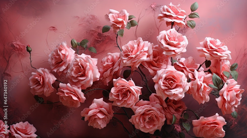  a bunch of pink flowers on a pink background with a red background.  generative ai