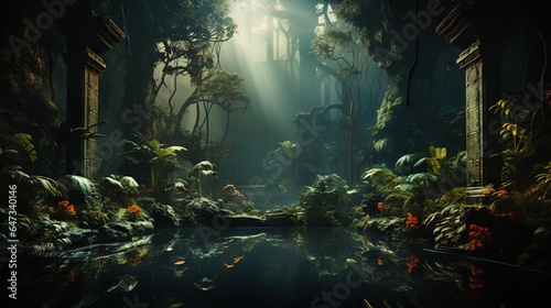  a pond surrounded by plants and trees in a dark forest.  generative ai © Jevjenijs
