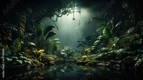  a dark forest with a stream of water surrounded by plants.  generative ai