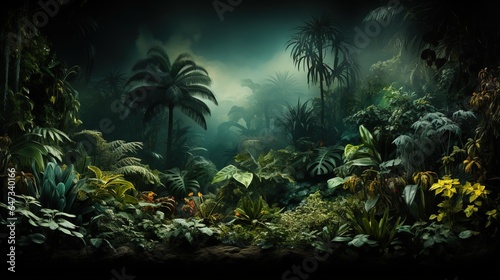  a painting of a jungle scene with palm trees and plants.  generative ai