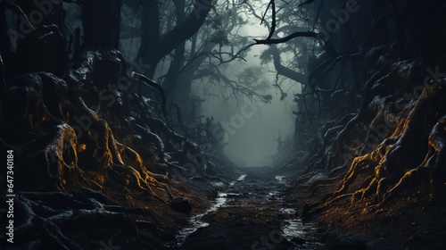  a dark forest filled with lots of trees and dirt path. generative ai