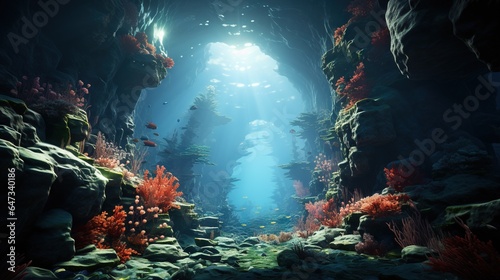  an underwater cave with corals and seaweed in the water.  generative ai © Jevjenijs