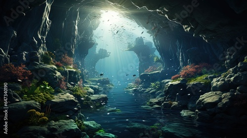  an underwater scene of a cave with water and rocks and plants.  generative ai © Jevjenijs