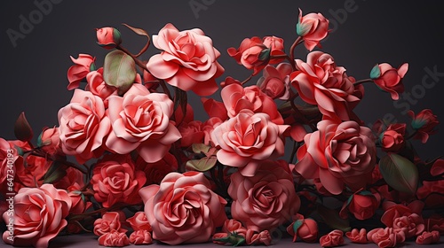  a bunch of pink roses on a black background with leaves. generative ai