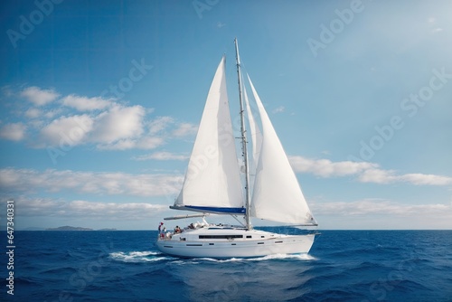 Beautiful snow white sailboat in blue ocean. ai generative