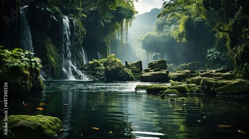  a stream of water surrounded by lush green trees and rocks.  generative ai