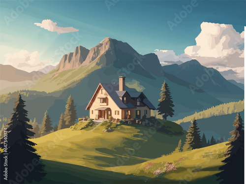 Illustrate a captivating vector composition that invites viewers to explore the serene countryside, with gently rolling hills that gracefully follow the path of a winding river. Nestled among the