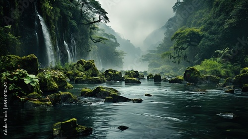  a river flowing through a lush green forest filled with lots of trees.  generative ai