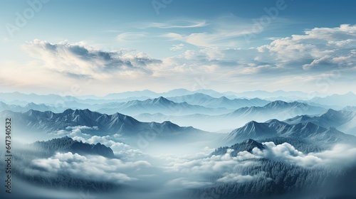  a painting of a mountain range with clouds and mountains in the background.  generative ai © Jevjenijs