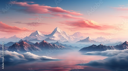 a painting of a mountain range with a lake in the foreground.  generative ai © Jevjenijs