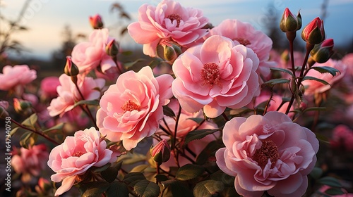  pink flowers blooming in a garden with a blue sky in the background.  generative ai