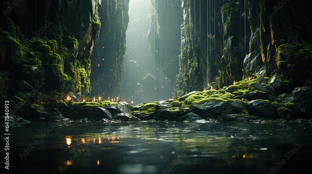  a river running through a forest filled with lots of green plants.  generative ai