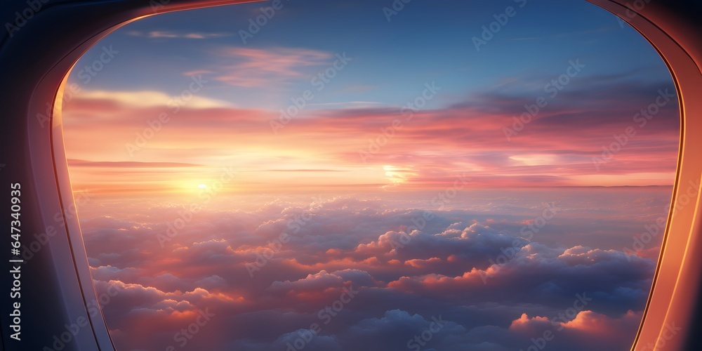 view from airplane window seat overlooking sunset horizon and clouds
