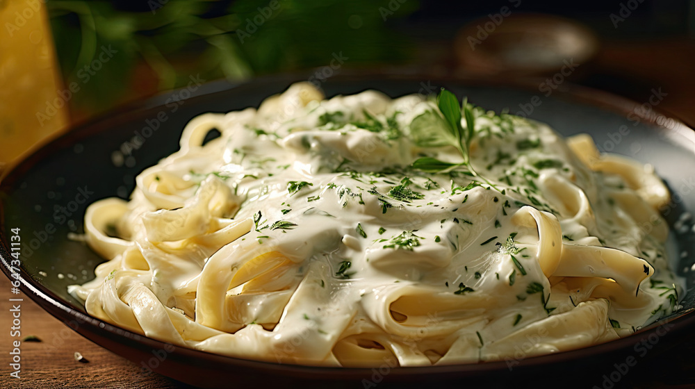 Alfredo pasta dinner with creamy white sauce and herbs. Generative Ai Alfredo pasta dinner with creamy white sauce and herbs. Generative Ai