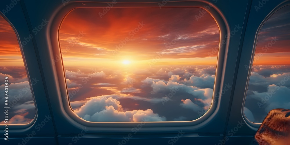 view from airplane window seat overlooking sunset horizon and clouds