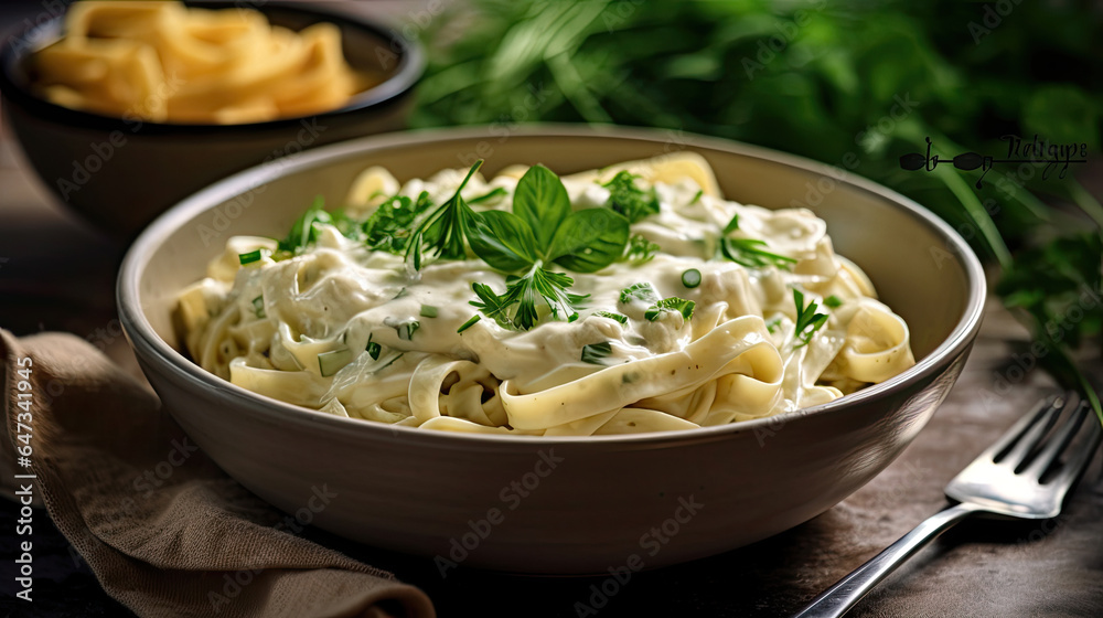 Fettucini Alfredo dinner with creamy white sauce and herbs on table. Generative Ai