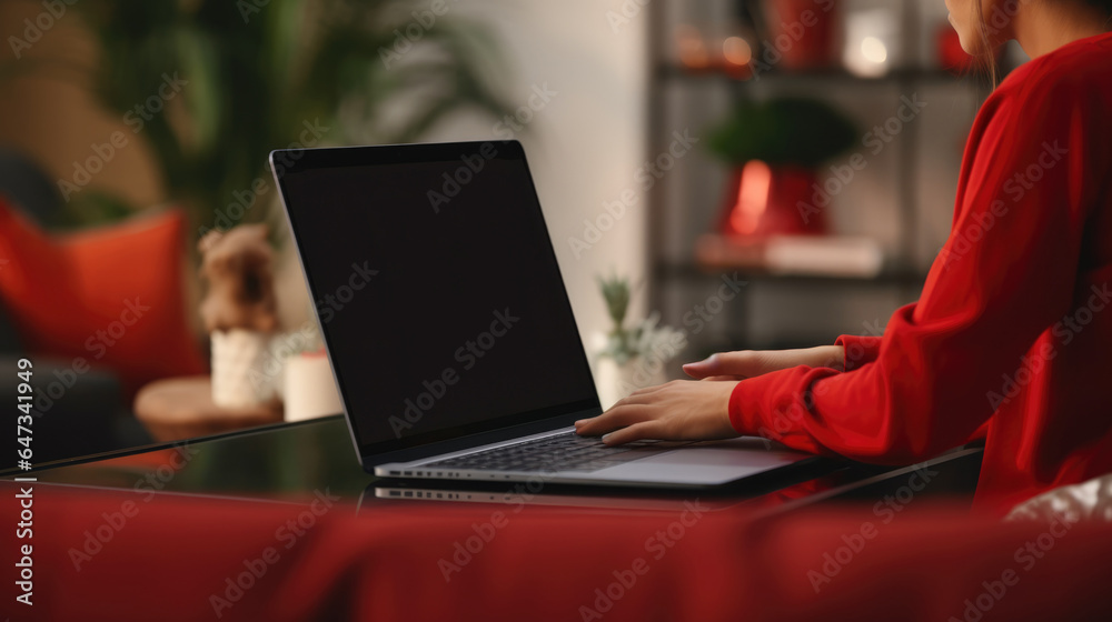 Woman in red with a laptop. A girl buys Christmas gifts in an online store. Holiday sales. AI Woman in red with a laptop. A girl buys Christmas gifts in an online store. Holiday sales. AI