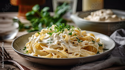 Fettucini Alfredo dinner with creamy white sauce and herbs on table. Generative Ai