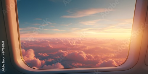 view from airplane window seat overlooking sunset horizon and clouds