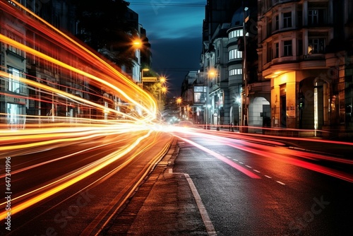 a bustling road with visible car light trails. Generative AI © Ramin