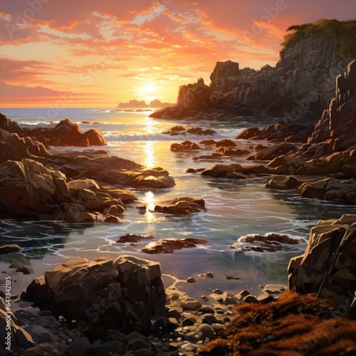 a serene rocky coastline with tide pools and a hint of a setting sun on the horizon