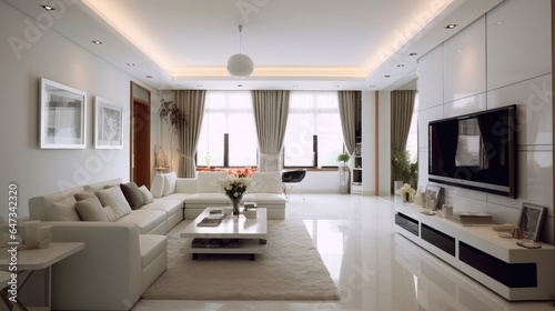 Luxury home interior design of modern living room. White sofa and tv unit in spacious room. Generative Ai