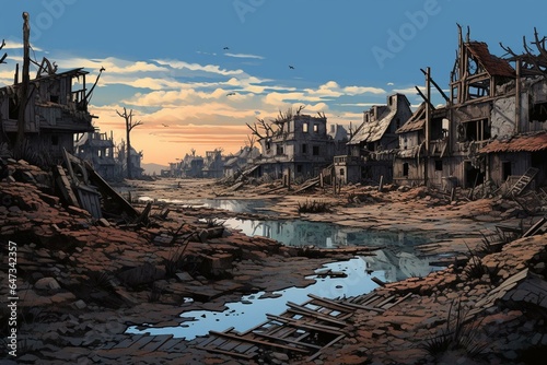 Illustration of ravaged village with destroyed buildings and concrete ruins. Generative AI