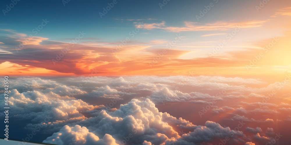 view from airplane window seat overlooking sunset horizon and clouds