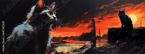 Concentrated cats sit under the moonlight.