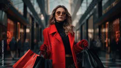 Woman in a red jacket with shopping bags. On city background. Sales, discounts in black friday color. AI