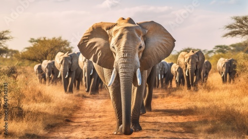 A herd of Elephants walking through a grassland