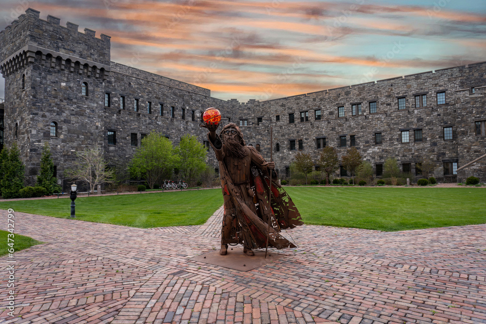 Naklejka premium Verona, Wisconsin: Epic Epic campus. Epic Systems Corporation healthcare software company. Wizard sculpture in Wizard Academy campus with Fortress building. 