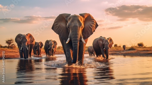 A herd of elephants walking through a puddle of water