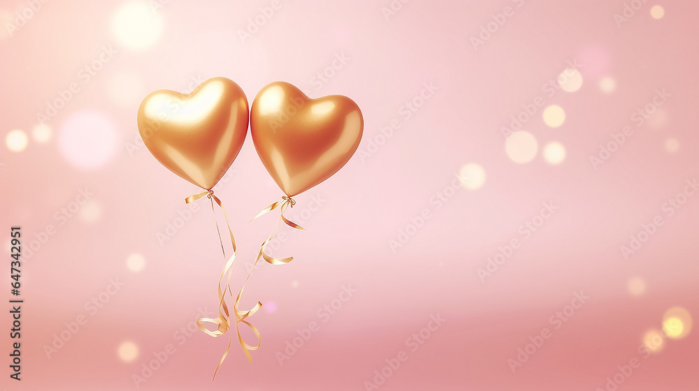 Two golden heart-shaped balloons on a pink background, pastel colors, banner. Concept Valentine's Day, wedding, Love symbol. Copy space.