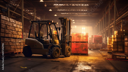 photograph of A forklift lifting in industrial plant. telephoto lens realistic natural lighting ,generative ai