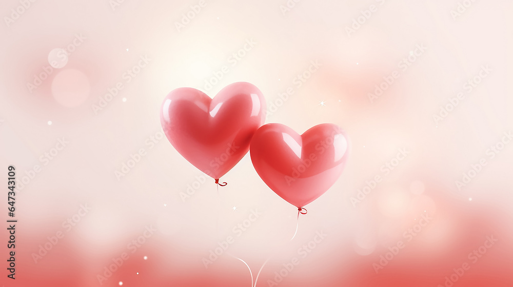 Two red heart-shaped balloons on a pink background, pastel colors, banner. Concept Valentine's Day, wedding, Love symbol. Copy space.