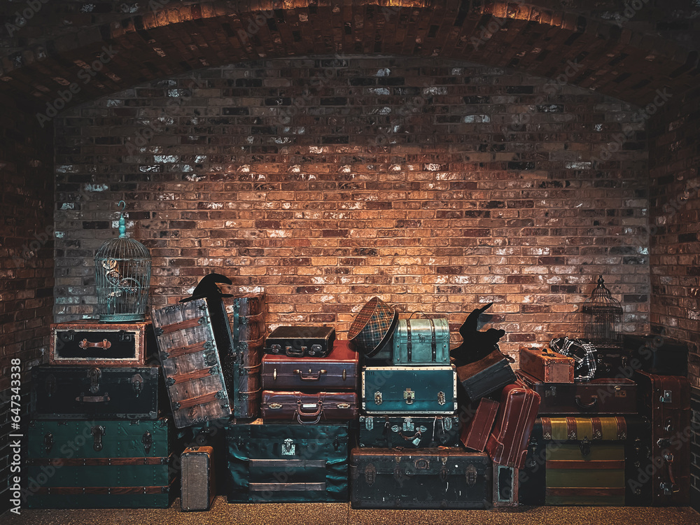 Vintage luggage, owl in cage, which hat, and brick background. Wizard theme. Room for text. Grungy texture.  - obrazy, fototapety, plakaty 