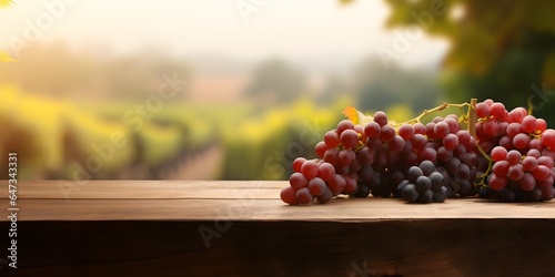 Wooden table with fresh red grapes and free space on nature blurred background, vineyard field