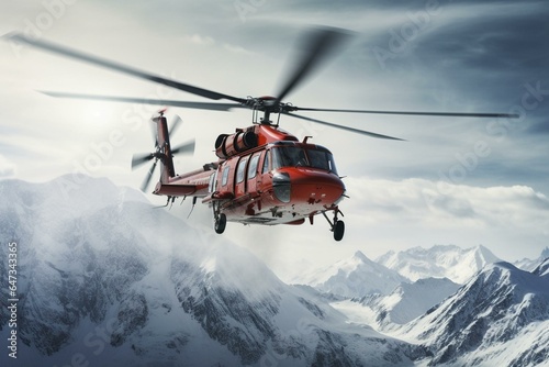 Helicopter takes off from snowy Alaskan mountain. Generative AI photo