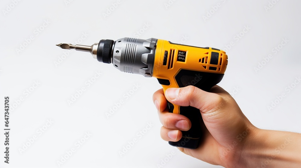Hand holding electric screwdriver isolated white background. AI generated