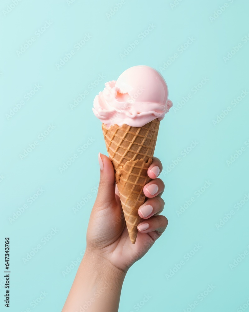 Minimalist concept, Ice cream cone on a pastel light green background isolated. The woman holding the ice cream by hand Minimalist concept, Ice cream cone on a pastel light green background isolated. The woman holding the ice cream by hand