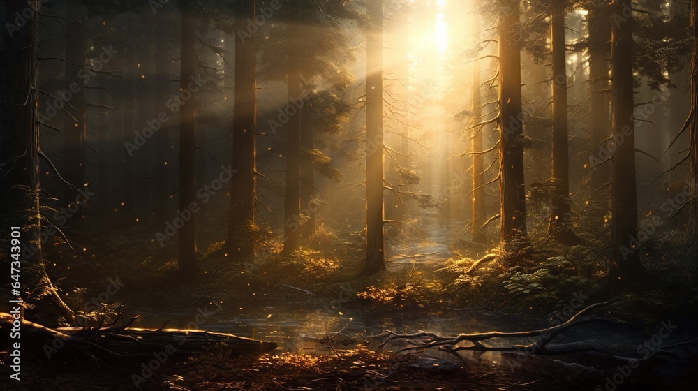  a forest filled with lots of trees and a bright light.  generative ai