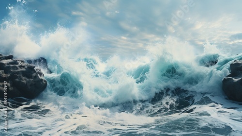  a painting of a wave crashing over rocks in the ocean. generative ai