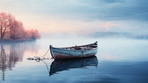  a small boat floating on top of a body of water. generative ai