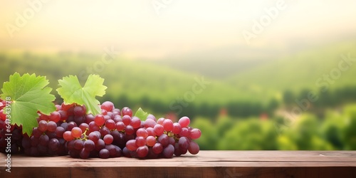 Wooden table with fresh red grapes and free space on nature blurred background, vineyard field